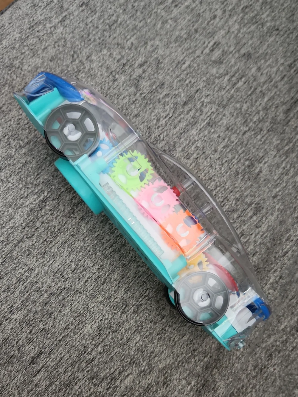 Clear Gear Toy Car with Turquoise Base and Neon Gears